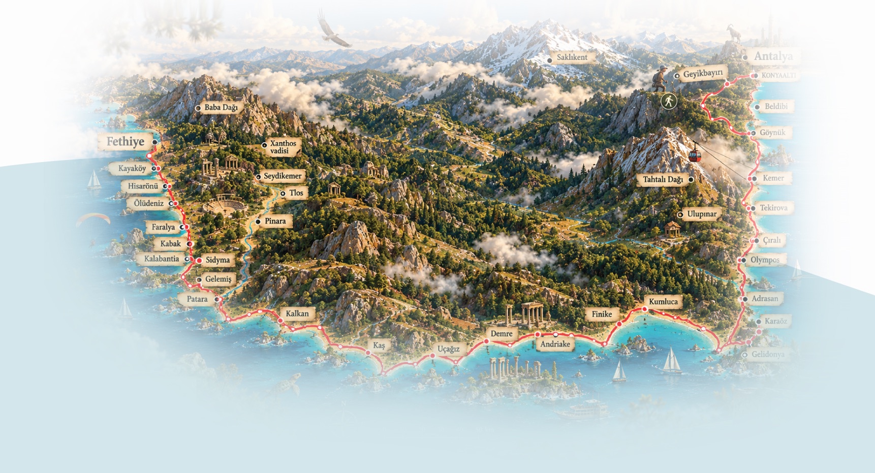 Illustrated map of the Lycian Way from Fethiye to Antalya